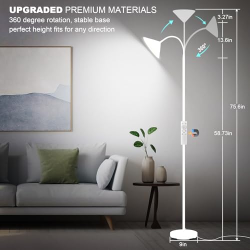 Floor Lamp 18W Upgraded Bright LED Floor Lamps for Living Room Bedroom with Gooseneck Stepless Dimming & Color 76inch Tall Standing Lamp with Remote & Touch Control Work with Smart Plug (White-76inch)