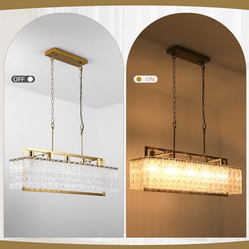 36" Gold Crystal Ripple Glass Rectangle Pendant Chandelier 5