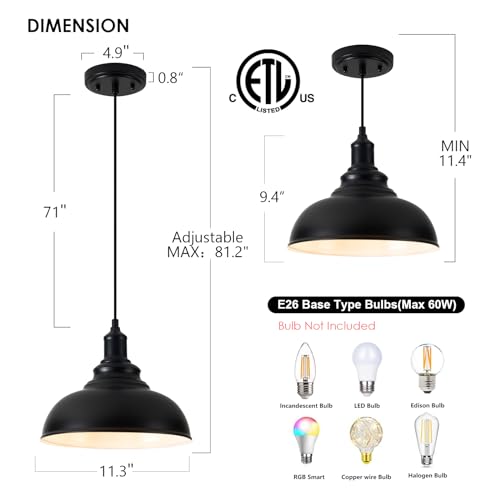 3 Pack Farmhouse Dome Pendant Lights for Kitchen Island Black (3 Count)