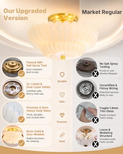 Semi Flush Mount Ceiling Light Fixture 11.8" Vinatge Gold Ceiling Lights Mid Century Modern Milk White Glass Close to Ceiling Lighting Fixtures for Bedroom Hallway Foyer Bathroom Kitchen