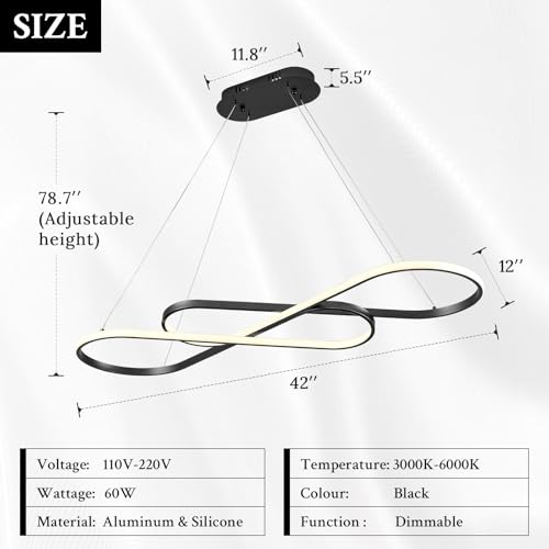Modern LED Chandelier Black Dimmable LED Pendant Light for Dining Room Light Fixture Over Table Modern Kitchen Island Lighting High Ceiling with Remote for Living Room