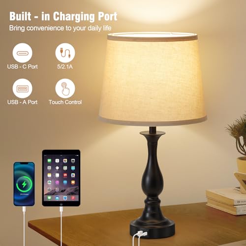 Bedside Table Lamp Touch Control Bedroom Lamps with USB A and C Charging Port 3 Way Dimmable Touch Lamps for Nightstand Living Room Bedroom Dorm Home Office Reading (2 Count)