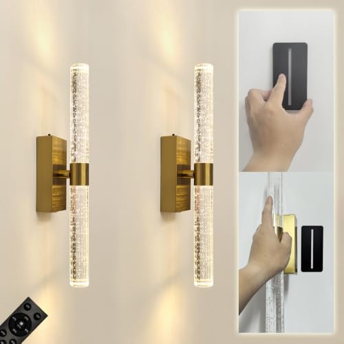 Peel and Stick on Cordless Gold Crystal Wall Sconces with Remote Set of 2