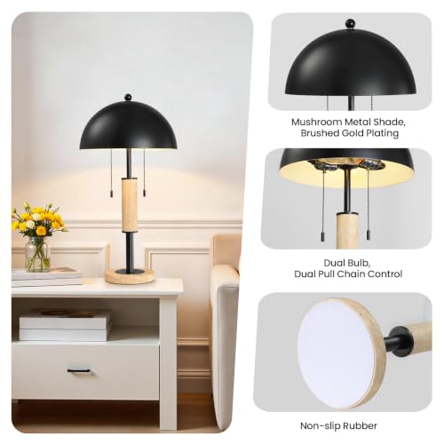 Black Bedside Table Lamp Set 2 Mid Century Modern Tavertine Nightstand Lamp