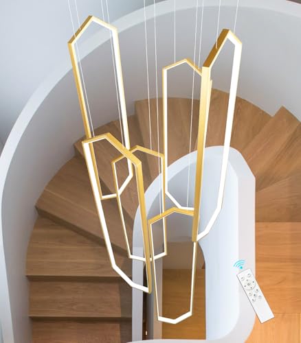 6 Rings Gold Modern Long Large Chandelier Dimmable LED High Ceiling Chandelier for Living Room Foyer Staircase Enterway Big Hanging Light Fixture Modern Ceiling Light