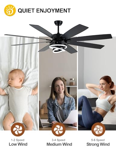 72 Inch Black Modern Ceiling Fans with Lights