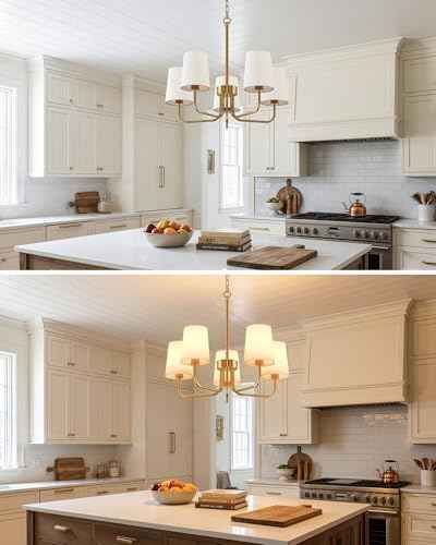 Chandeliers for Dining Room, 5-Light Gold Chandelier Light Fixture, E26 Base-Dining Room Light Fixtures Over Table with White Shade, Farmhouse Chandelier for Bedroom Living Room Foyer Entryway