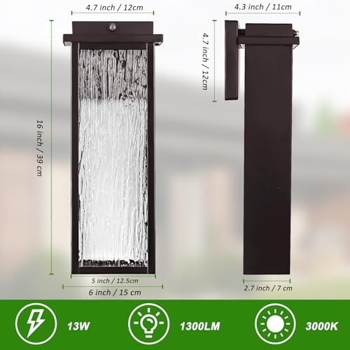 16" Oil Rubbed Bronze Outdoor Light Fixtures with Rippled Glass (2 Count)