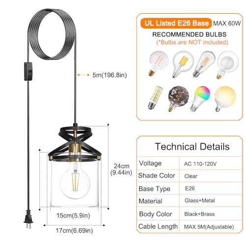 Modern Black and Gold Plug in Hanging Lamp