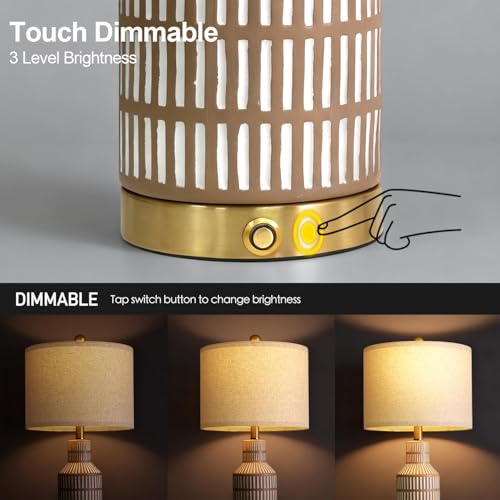25" Modern 3 Way Dimmable Touch Control with USB A+C Ceramic Lamps Set of 2 Table Lamp for Living Room Bedroom Farmhouse Nightstand Bedside Brown (2 Count)