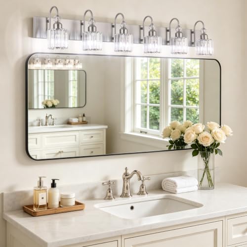 Crystal Brushed Nickel Vanity Light for Bathroom 6 Light Modern Bathroom Lighting Fixtures Over Mirror