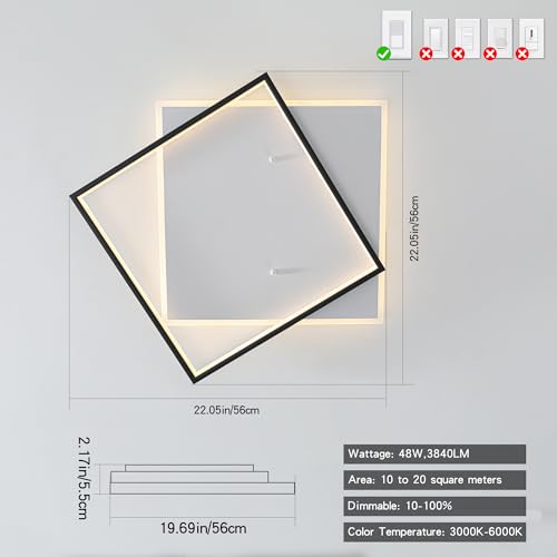 Black Modern LED Bedroom Ceiling Light Dimmable Flush Mount Ceiling Light Fixture 22" Square Ceiling Lamp with Remote Control Kitchen Lighting Fixture Ceiling