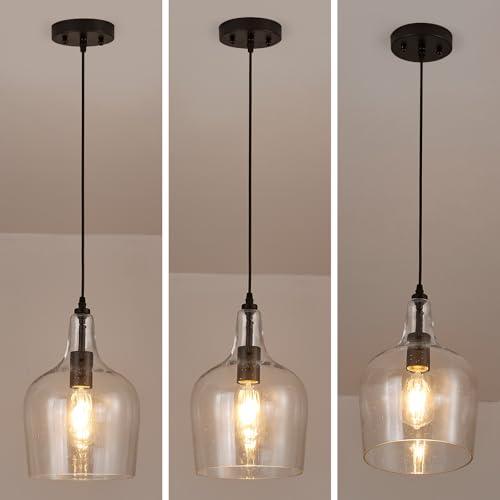 Seeded Glass Pendant Light Modern Black 1 Light Single Dome Pendent Lighting Fixtures for Kitchen Island Dining Room Hallway