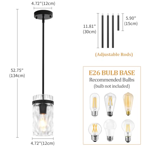 2 Pack Black Pendant Lights Kitchen Island Modern Hammered Glass (2 Count)