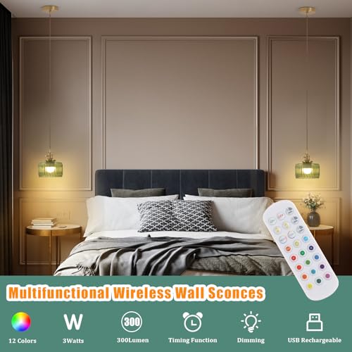 Battery Operated Pendant Light 5000mAh Rechargeable Chandelier with Remote Control Wireless Adjustable Hanging Green Striped Light for Kitchen Island Dining Room Hallway (2 Count)