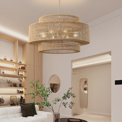 31.5"Large Boho Rattan Farmhouse Chandeliers for Dining Room