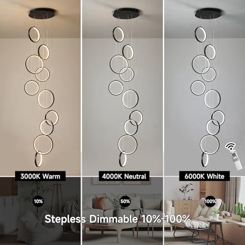 Modern 10 Ring Black LED Chandelier for High Ceilings and Foyers