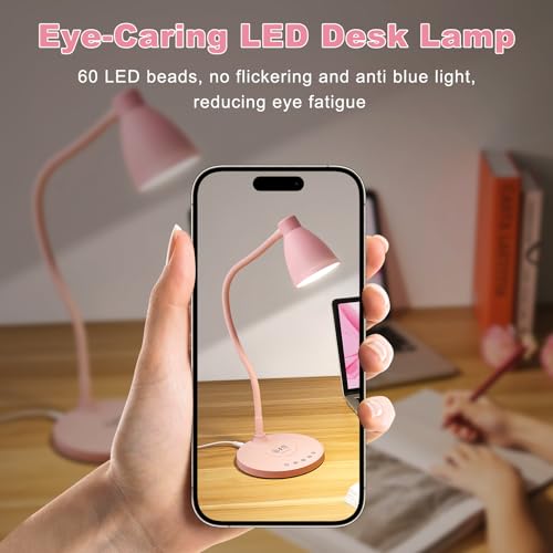 Cute Desk Lamp for Home Office with USB C+A Charging Port Timer Pink (Pink / Standard)