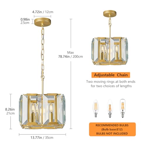 Gold Modern Crystal Chandeliers Rectangle Farmhouse Pendant Light Semi Flush Mount Ceiling Light Fixture for Bedroom Dining Room Kitchen Island Living Room Foyer Hallway