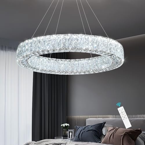 32 Inch Chandelier Glam Dimmable LED Crystal Chandeliers Luxury Round Pendant Lighting Fixtures for Dining Room Bedrooms Silver