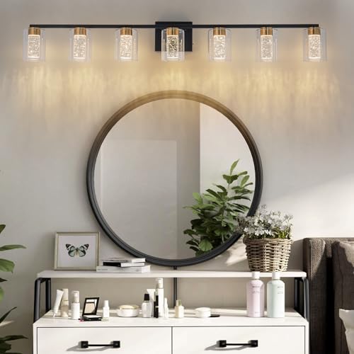 7 Light Black and Gold Vanity Light with 3 Color Modes