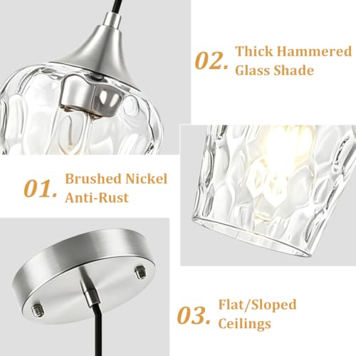 3 Pack Brushed Nickel Pendant Lights Kitchen Island Hammered Glass Shade