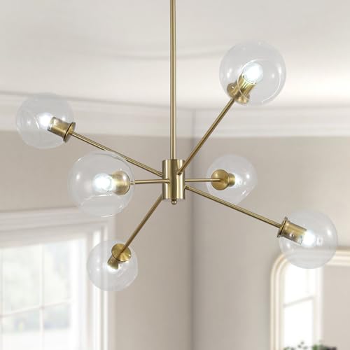 6 Lights Mid Century Modern Clear Glass Globe Sputnik Chandelier Brushed Gold Sputnik Light Fixture Vintage Large Brass Pendant Lights Kitchen Island Farmhouse Living Dining Room Ball Chandelier