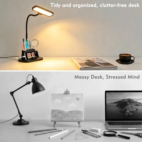 LED Desk Lamp for Dorm Small Desk Lamp with Pen Holder 5 Color Modes Black (Black)