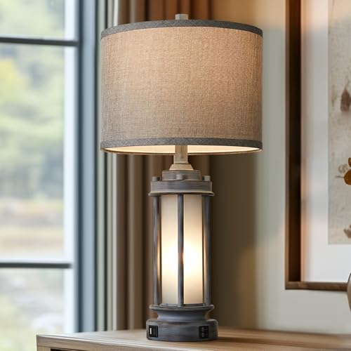 25" Rustic Farmhouse Nightstand Lamp with 2 USB C+A Ports