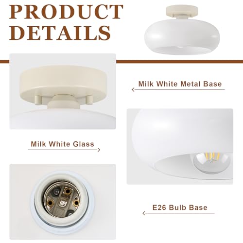 Mid Century Modern Cream White Semi Flush Ceiling Light 11.0 Inch