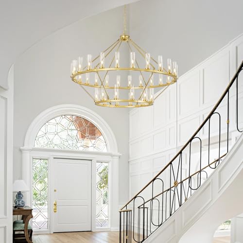 63 Inch Large Gold Wagon Wheel Chandelier with Clear Glass Shade 2 Tier 36