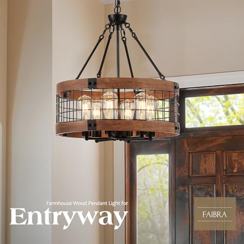 6 Light Farmhouse Drum Wood Pendant Light (6 Count)