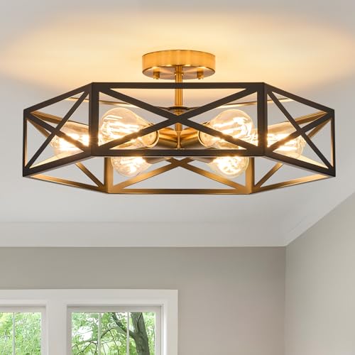 Black and Gold Modern Farmhouse Semi Flush Mount Ceiling Light 19.7 in