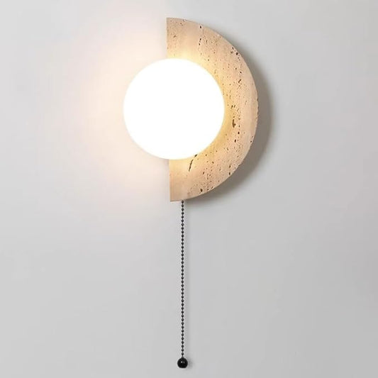 Natural Travertine Stone Wall Sconce, Half Moon LED Wall Light Fixture,Glass Globe and Pull Chain Switch Wall Lamp,Modern Minimalist Lunar Lamp for Bedroom Bedside,Living Room Accent Decor(Right)