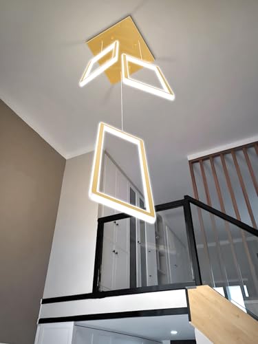 3 Lights Modern Rectangle Chandelier Dimmable Pendant Lighting Adjust LED Staircase Chandelier Hanging Light Fixtures for Kitchen Island Dining Room Entryway Foyer Gold