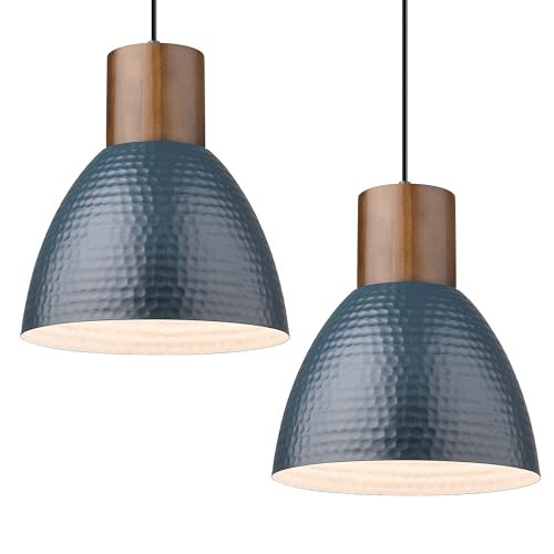 2 Pack Modern Hammered Pendant Lights 10.2” Blue Solid Wood Hanging Lamp (2 Count)
