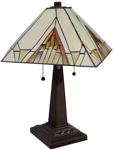 Tiffany Style Table Lamp Banker Mission 23" Tall Stained Glass Tan Brown Vintage Antique Light Décor Night Stand Living Room Bedroom Handmade Gift AM348TL14 Amora Lighting