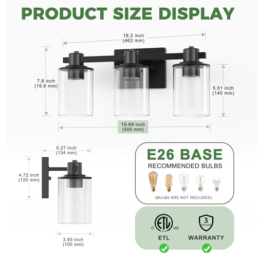 20 Inch 3 Light Upgraded Black Bathroom Light Fixture