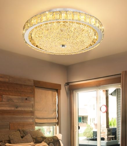 15.7" Modern Crystal Chandelier Dimmable LED Flush Mount Ceiling Light with Remote Control for Living Room Dining Room Bedroom Hallway Foyer Silver