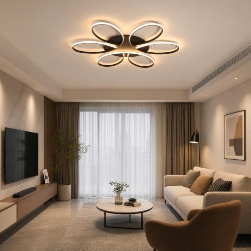 Modern LED Ceiling Light Fixture Black Flush Mount Ceiling Lamp with Remote Control Dimmable Rings Flower Shaped Ideal for Small and Medium Living Room Big Bedroom Kitchen