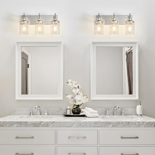 3 Light Brushed Nickel Bathroom Light Fixture Over Mirror Modern Bathroom Vanity Light Vintage Wall Lighting with Clear Glass Shade for Bathroom (3 Count)