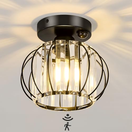 Indoor Motion Sensor Ceiling Light Fixture Modern Cryatal Semi Flush Mount Ceiling Light Black Ovrehead Light Fixture for Porch Hallway Front Entryway Kitchen Hall Garage