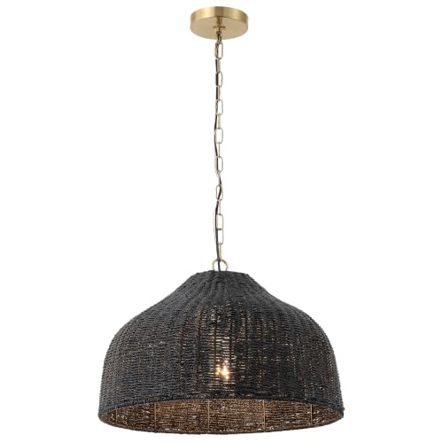 Eliza 20" Bohemian Black & Brass Gold Woven Rattan Dome Pendant