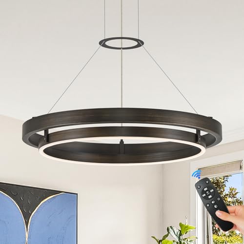Modern LED Chandelier Vintage Black Brown Dimmable Circular LED Pendant Light with Remote Ring Chandelier Dining Room Light Fixtures for Kitchen Island Living Room Entryway