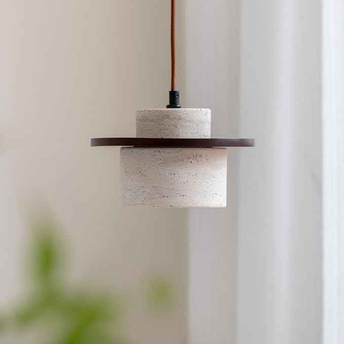 Travertine Pendant Light, Stone Cylinder Hanging Lamp with Wood Disc Accent, E26 Base, Wabi-Sabi Modern Minimalist Japandi Style Lighting for Bedside, Kitchen Island, Bar Counter(Wood Color)