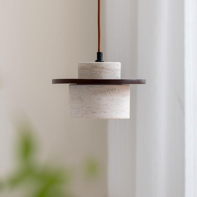 Travertine Pendant Light, Stone Cylinder Hanging Lamp with Wood Disc Accent, E26 Base, Wabi-Sabi Modern Minimalist Japandi Style Lighting for Bedside, Kitchen Island, Bar Counter(Walnut Color)
