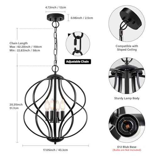 YURNYQ Modern Black Chandelier for Dining Room, 4 Lights Geometric Chandeliers, Sphere Chandelier Industrial Large Pendant Light Fixtures Hanging for Kitchen, Entryway, Foyer, Stairs