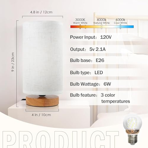 3 Color Adjustable Bedside Table Lamp for Bedroom Set of 2 (2 Count)