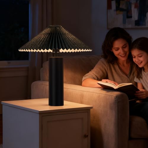 Modern Table Lamp with Pleated Lampshade and Cylindrical Base