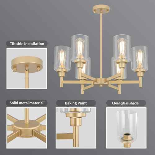 6 Light Gold Farmhouse Chandeliers for Dining Room Light Fixture 25"